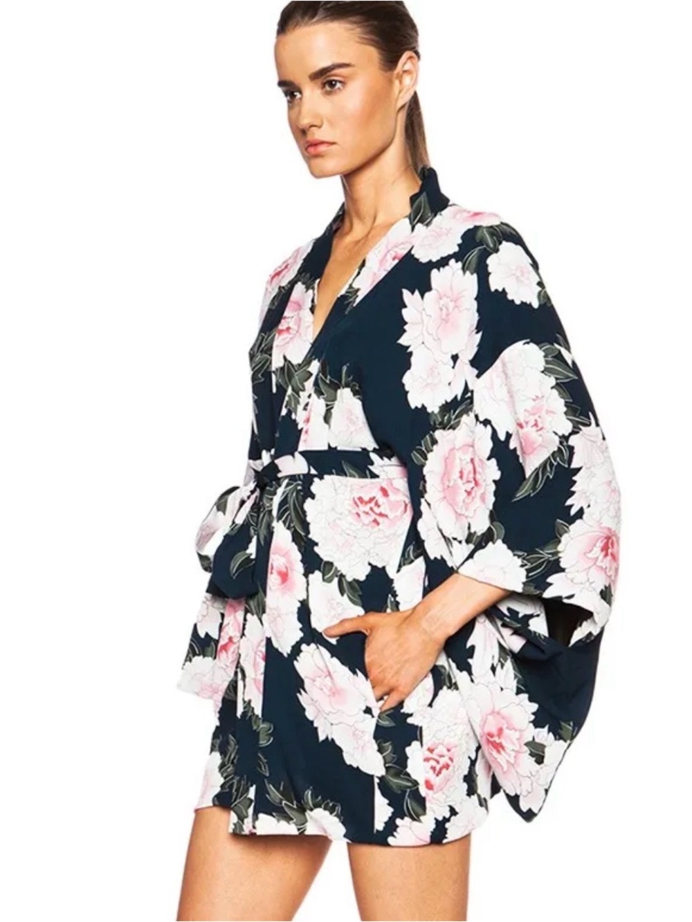 Fleur du Mal Navy Satin Robe with Pink Floral Print